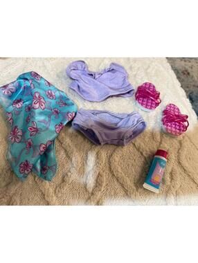 American Girl Ruffled Tankini Sarong Outfit Doll Swimsuit Sandal Shoes 2002 A936
